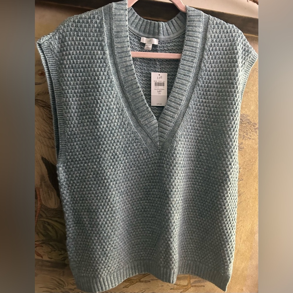 * New J Jill Dusty Blue Spruce V Neck Sweater Vest SZ Medium Petite *